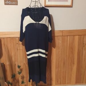 James Perse Knit Sweater Dress Midi Stripe Colorblock Navy Cream Size 4 XL NICE